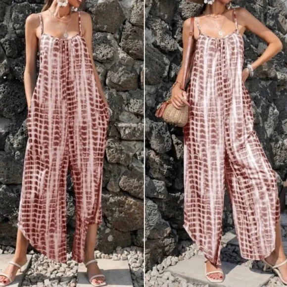 Boho Tie Dye Wide Leg Pants Pocket Jumpsuit - Picture 3 of 11